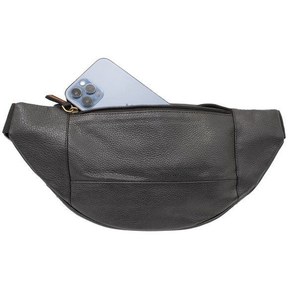Black Genuine Leather Fanny Pack Large Multi Zippered Waist Bag Design Hip Purse - Picture 4 of 6
